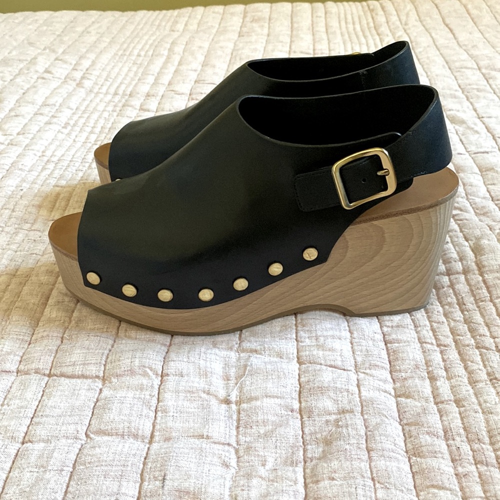 Céline Paris Studded Leather Wood Wedge Clog Platform Sandals SZ 40 / 9